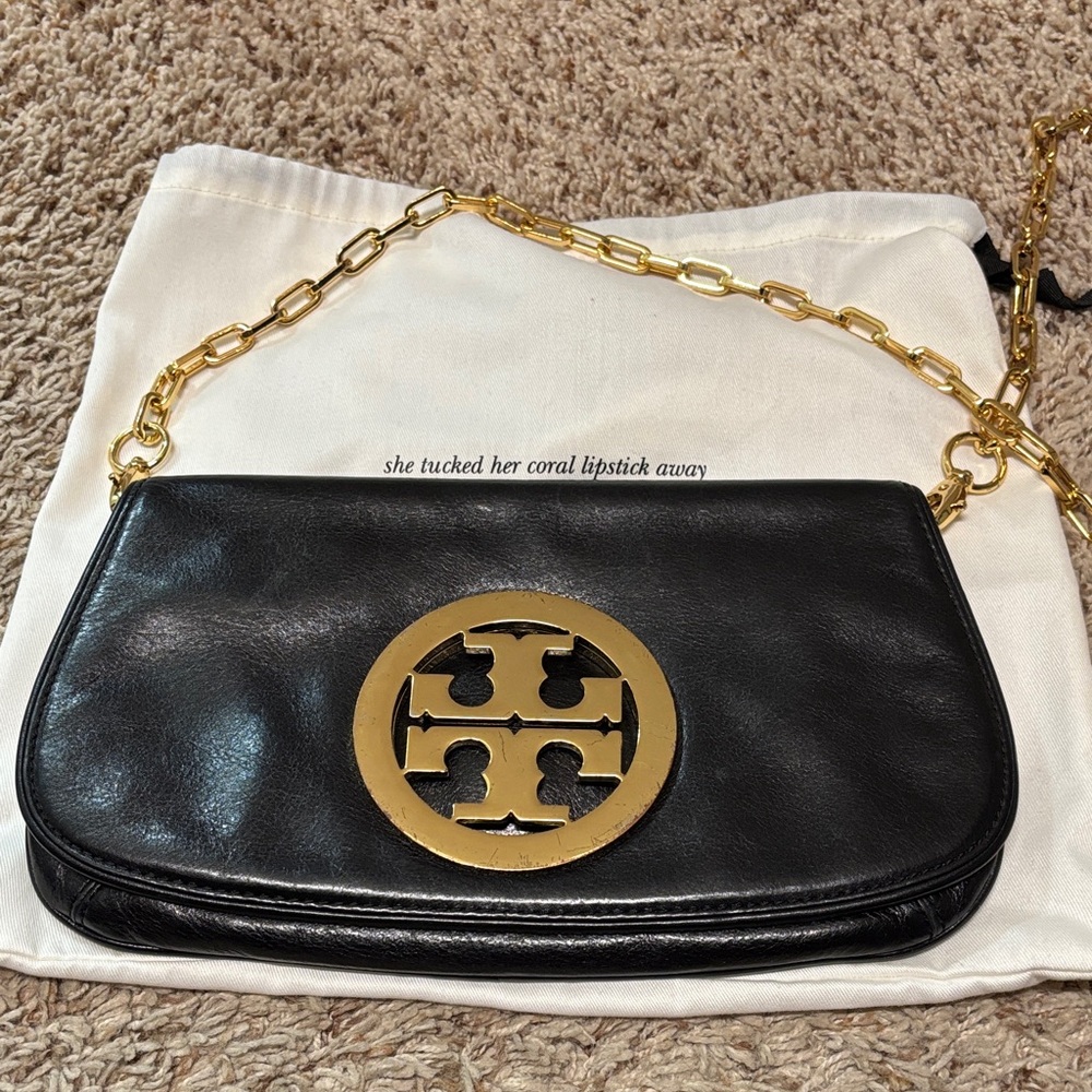Tory Burch Black Leather Clutch/Crossbody with Gold Logo Chain